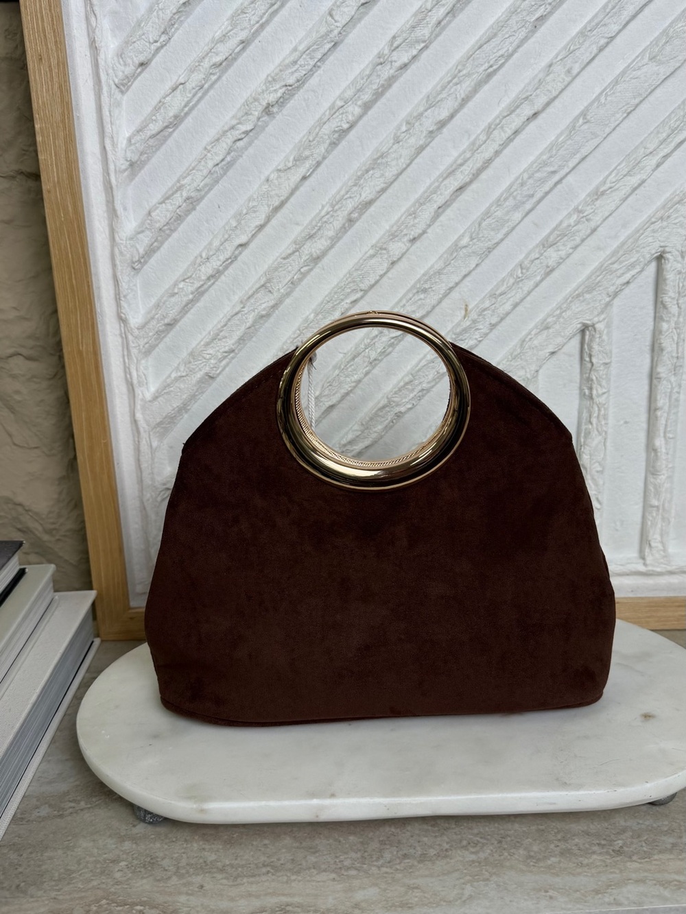 Haute Hippie Chocolate Brown Suede Clutch with Gold Ring Handle - Picture 3 of 16